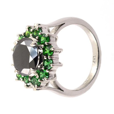 1-3 Cts Black Diamond with Emerald Stone Accents Engagement Ring - ZeeDiamonds