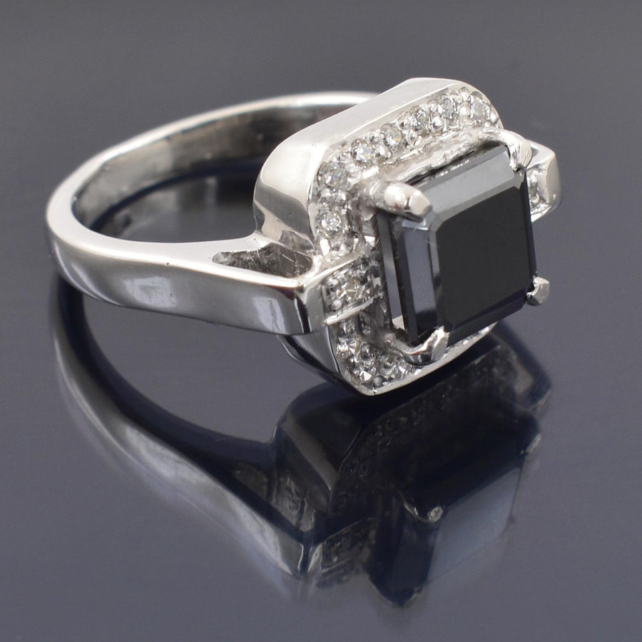 2.5 Ct Princess Cut Black Diamond Ring with White Diamond Accents - ZeeDiamonds