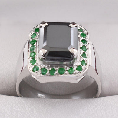 3 Ct Black Diamond With Emerald Gemstone Accents Solitaire Ring - ZeeDiamonds