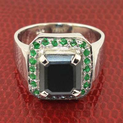 3 Ct Black Diamond With Emerald Gemstone Accents Solitaire Ring - ZeeDiamonds