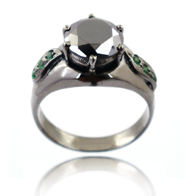 2.5 Ct Round Black Diamond Solitaire Ring with Emerald Accents - ZeeDiamonds