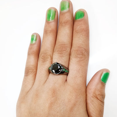 2.5 Ct Round Black Diamond Solitaire Ring with Emerald Accents - ZeeDiamonds