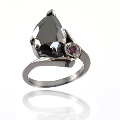 Pear Shape Black Diamond Solitaire Ring With Ruby Accent - ZeeDiamonds