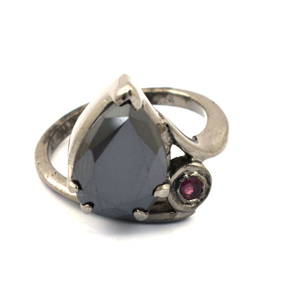 Pear Shape Black Diamond Solitaire Ring With Ruby Accent - ZeeDiamonds