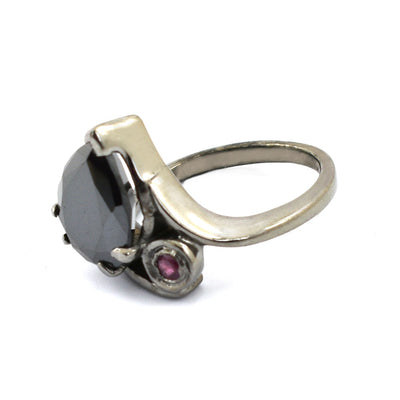 Pear Shape Black Diamond Solitaire Ring With Ruby Accent - ZeeDiamonds