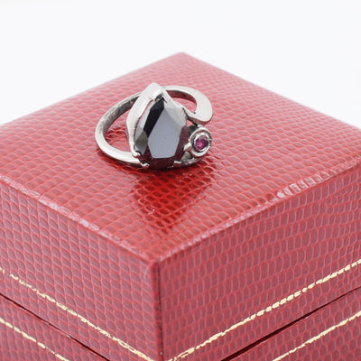 Pear Shape Black Diamond Solitaire Ring With Ruby Accent - ZeeDiamonds