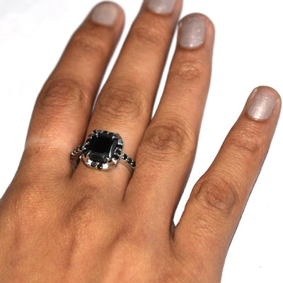 3 Ct, Certified Black Diamond Solitaire Designer Accents Ring - ZeeDiamonds