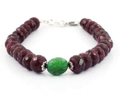 8-10 mm Ruby Gemstone Beads with Emerald Silver Clap Bracelet - ZeeDiamonds