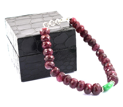8-10 mm Ruby Gemstone Beads with Emerald Silver Clap Bracelet - ZeeDiamonds