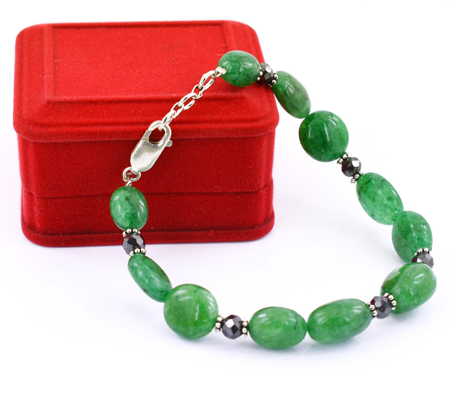 5.12 mm Emerald Beads with Black Diamond Silver Moti Bracelet - ZeeDiamonds