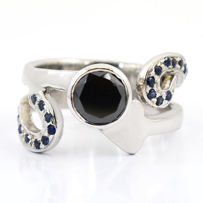 Black Diamond Solitaire Ring With Blue Sapphire Accents - ZeeDiamonds