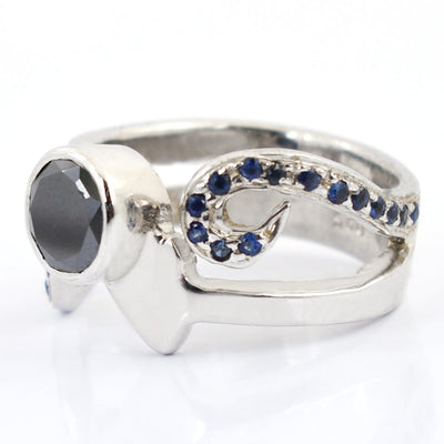 Black Diamond Solitaire Ring With Blue Sapphire Accents - ZeeDiamonds