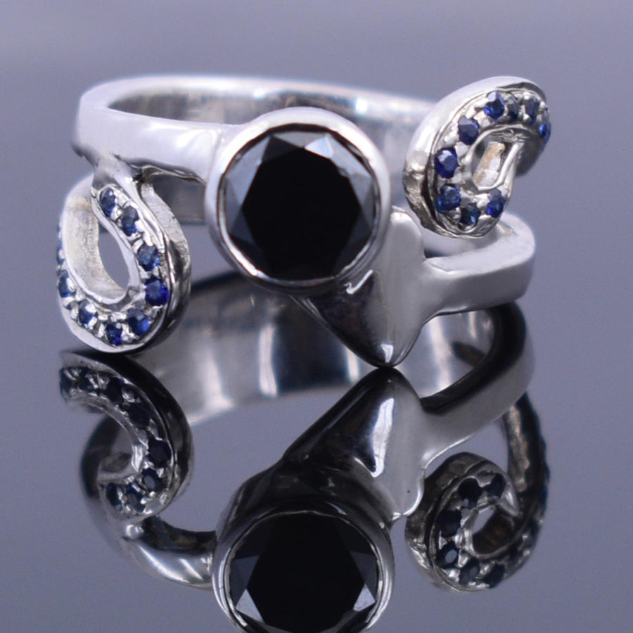 Black Diamond Solitaire Ring With Blue Sapphire Accents - ZeeDiamonds