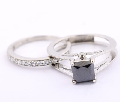 2 Ct Princess Cut Black Diamond & white Diamond Accents, Beautiful Engagement Ring - ZeeDiamonds