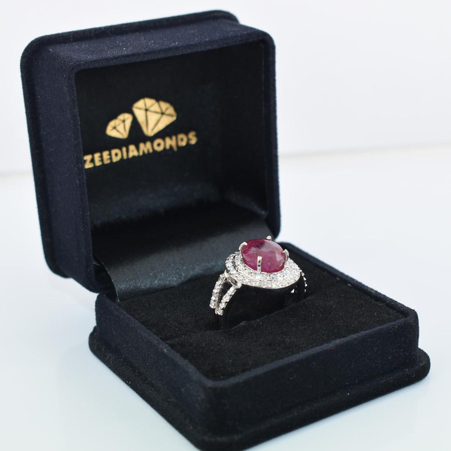 5Ct Natural Ruby Gemstone Ring With VVS White Diamond Accents - ZeeDiamonds