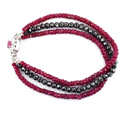 3 Rows Ruby Gemstone Bracelet with Black Diamond Beads with Ruby Clasp - ZeeDiamonds