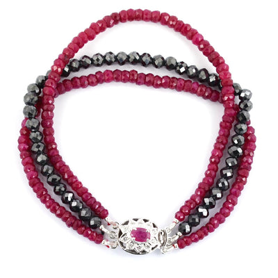 3 Rows Ruby Gemstone Bracelet with Black Diamond Beads with Ruby Clasp - ZeeDiamonds