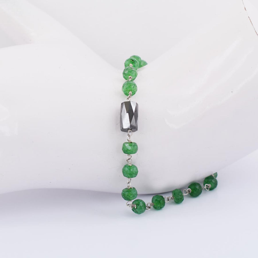 Certified 5 mm Emerald Gemstone Chain Bracelet With Black Diamond Bead - ZeeDiamonds