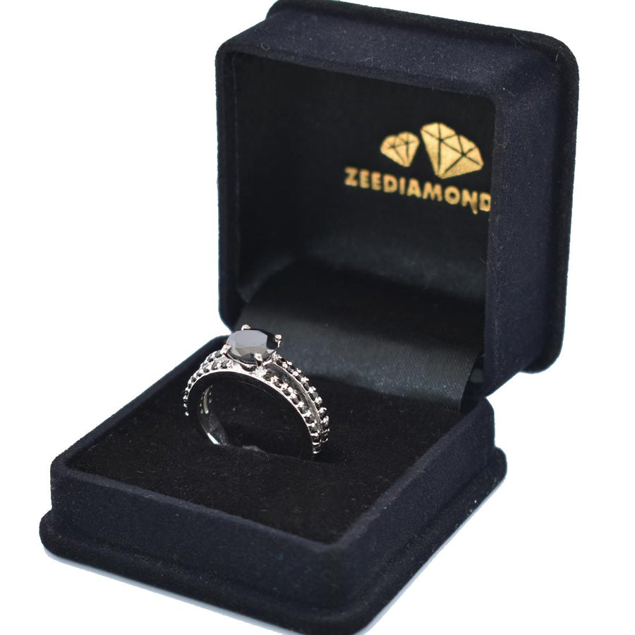 1-1.5 Ct Black Diamond Solitaire Ring With Accents in 925 Silver - ZeeDiamonds