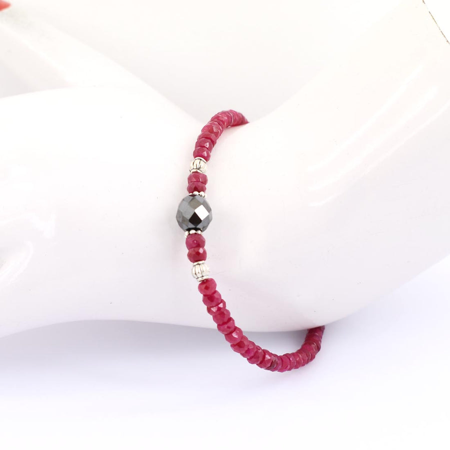 Ruby Gemstone Bracelet with Black Bead & Silver Finding, 100% Certified - ZeeDiamonds