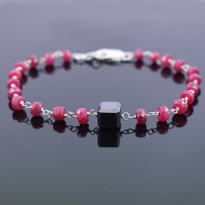 Ruby Gemstone Chain Bracelet with 7 mm Black Diamond Bead, Certified - ZeeDiamonds