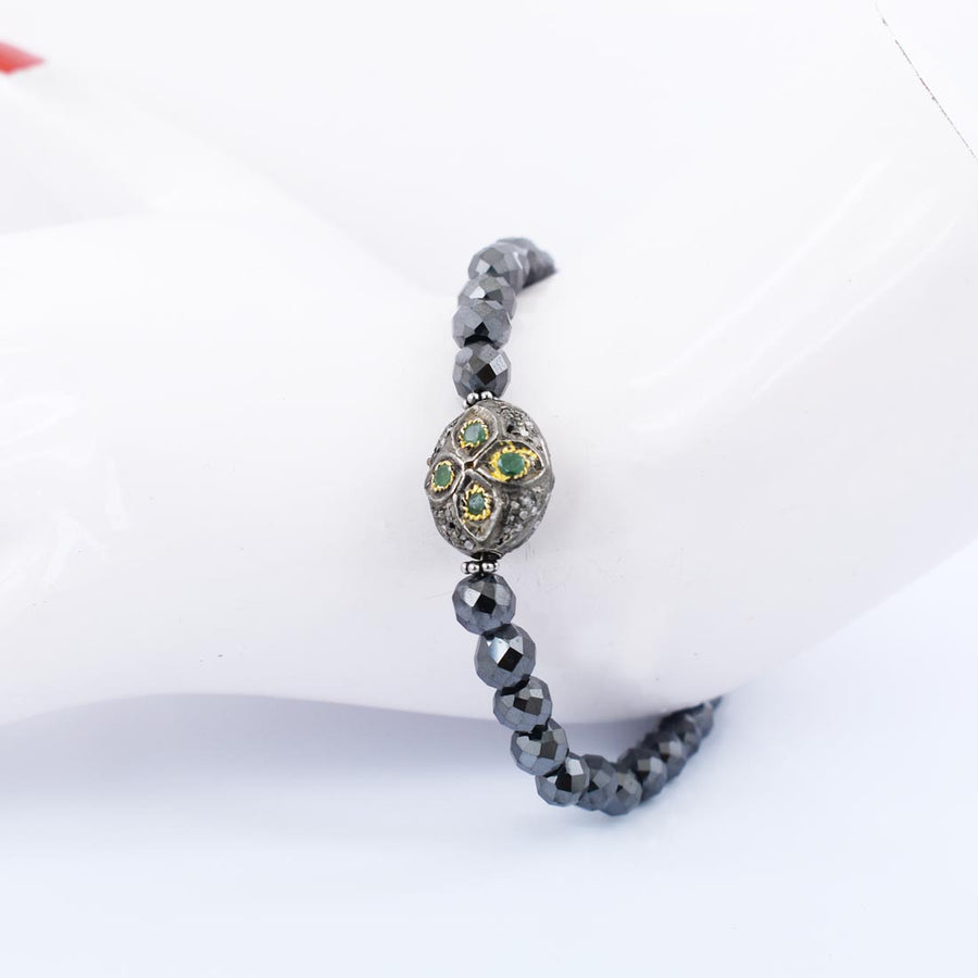 Black Diamond With Green Emerald Pave Gemstone Bead Fancy Bracelet - ZeeDiamonds