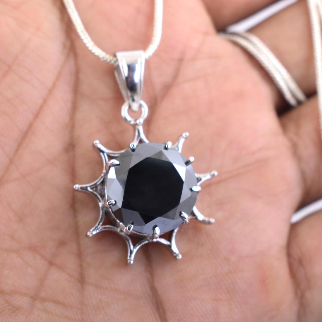 10.75 Ct Brilliant Cut Black Diamond Solitaire Sun Pendant in 925