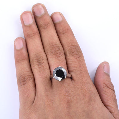 7 Ct AAA Quality Certified Round Brilliant Cut Black Diamond Ring - ZeeDiamonds