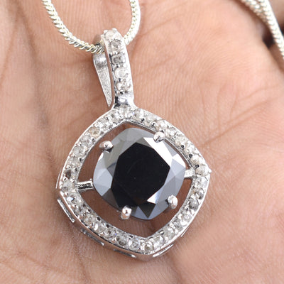 4.95 Ct Cushion Cut Black Diamond Designer Pendant with Diamond Accents - ZeeDiamonds