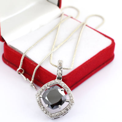 4.95 Ct Cushion Cut Black Diamond Designer Pendant with Diamond Accents - ZeeDiamonds