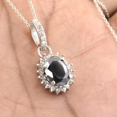 3.5 Ct Oval Faceted Black Diamond Pendant with White Diamond Accents - ZeeDiamonds