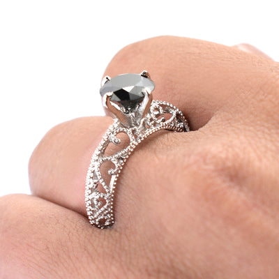 1-3 Ct Black Diamond Solitaire Designer Ring in 925 Sterling Silver - ZeeDiamonds