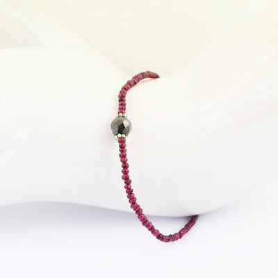 4 mm Ruby Gemstone Bracelet with 7 mm Black Diamond Bead, Certified - ZeeDiamonds