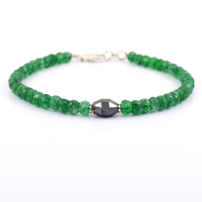 Certified 5 mm Emerald Gemstone Bracelet With Drum Shape Black Diamond Bead - ZeeDiamonds