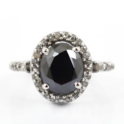 3.70 Ct Black Diamond Solitaire Cocktail Ring with Diamond Accents - ZeeDiamonds