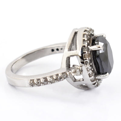 3.70 Ct Black Diamond Solitaire Cocktail Ring with Diamond Accents - ZeeDiamonds