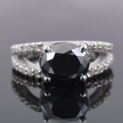 4.50 Ct Black Diamond Solitaire Designer Ring with Diamond Accents - ZeeDiamonds