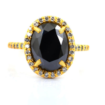 6 Ct Black Diamond Ring With White Diamond Accents in Halo Setting - ZeeDiamonds