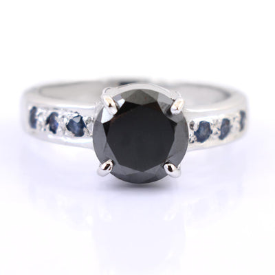 2 Ct Black Diamond Solitaire Ring With Blue Sapphire Gemstone Accents - ZeeDiamonds