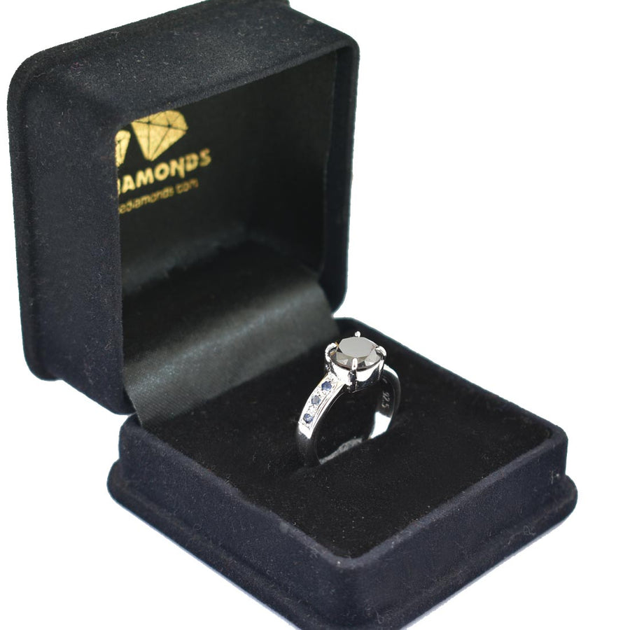 2 Ct Black Diamond Solitaire Ring With Blue Sapphire Gemstone Accents - ZeeDiamonds