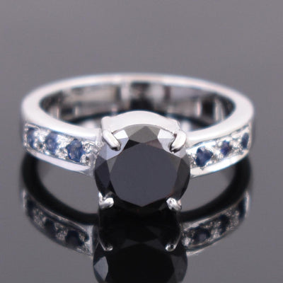 2 Ct Black Diamond Solitaire Ring With Blue Sapphire Gemstone Accents - ZeeDiamonds