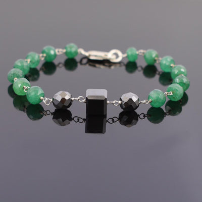 34 Cts Black Diamond With Emerald Beads Silver Chain Bracelet - ZeeDiamonds