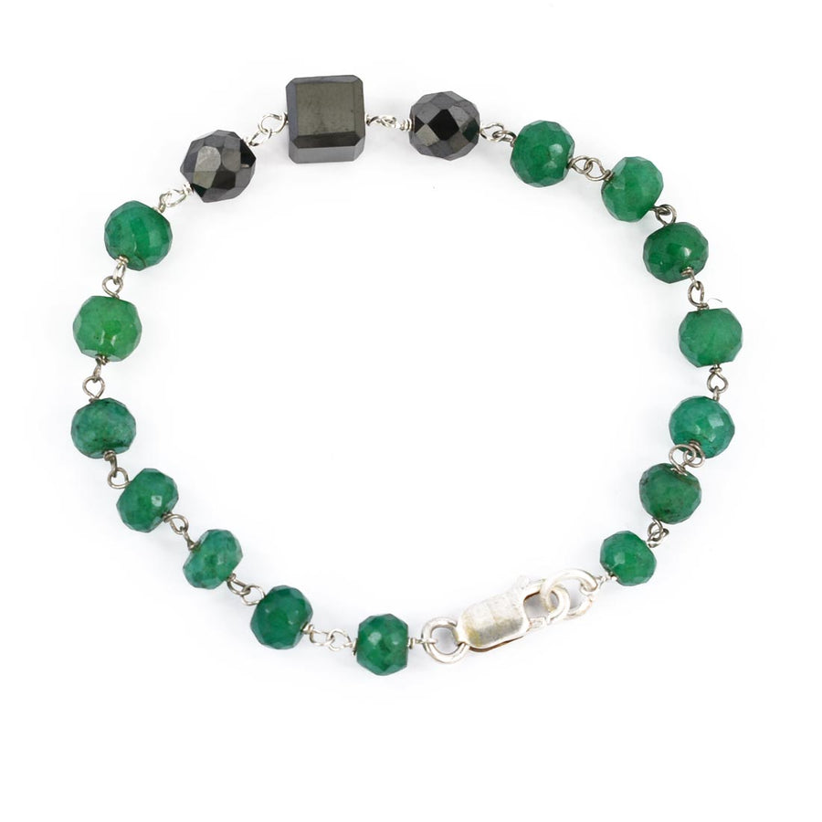 34 Cts Black Diamond With Emerald Beads Silver Chain Bracelet - ZeeDiamonds