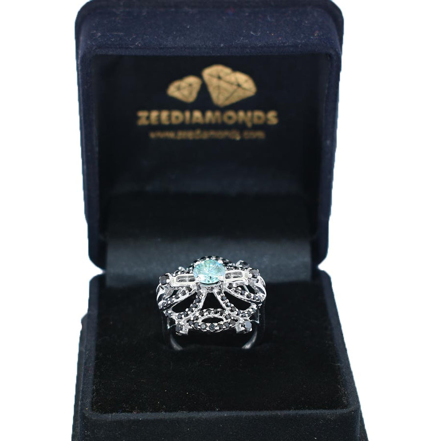 0.80 Ct Certified Blue Diamond Cocktail Ring with Black Diamond Accents - ZeeDiamonds