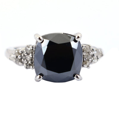 4.5 Ct, Cushion Shape Black Diamond Ring With Diamond Accents - ZeeDiamonds