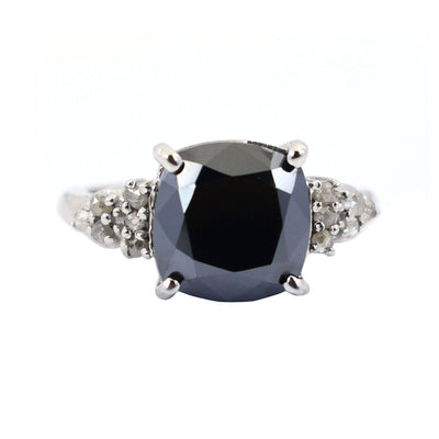 4.25 Ct Black Diamond Solitaire Cocktail Ring with Diamond Accents - ZeeDiamonds