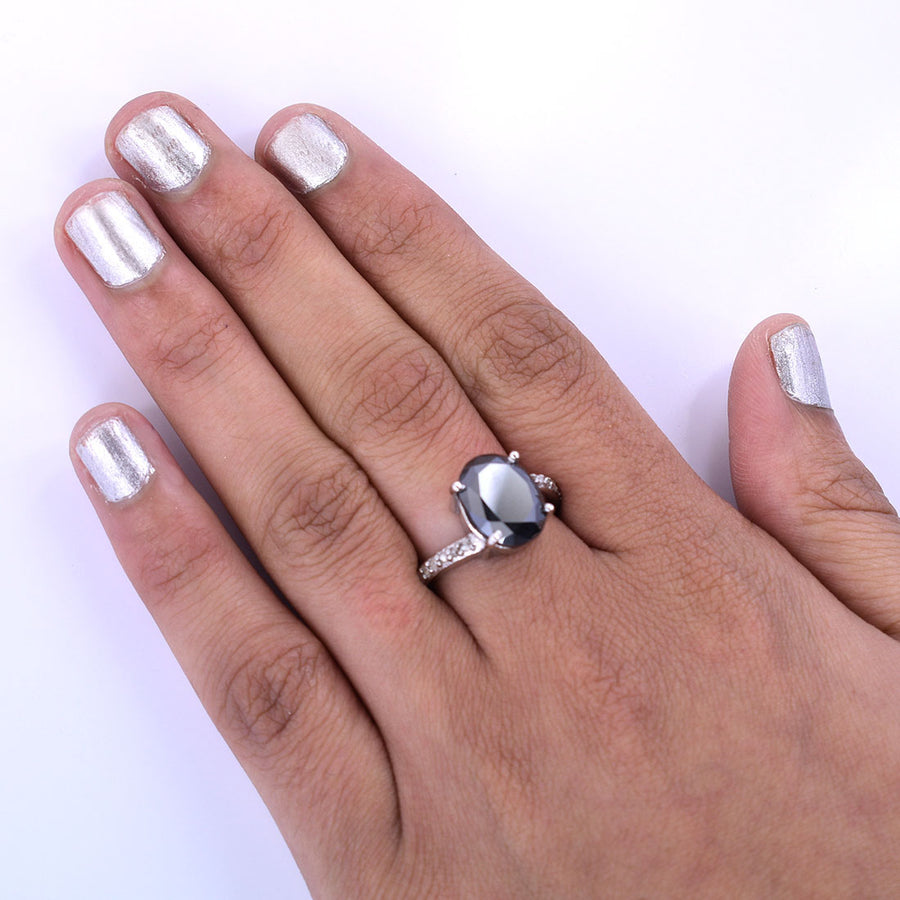 5.15 Ct Oval Cut Black Diamond with Diamond Accents Designer Ring - ZeeDiamonds