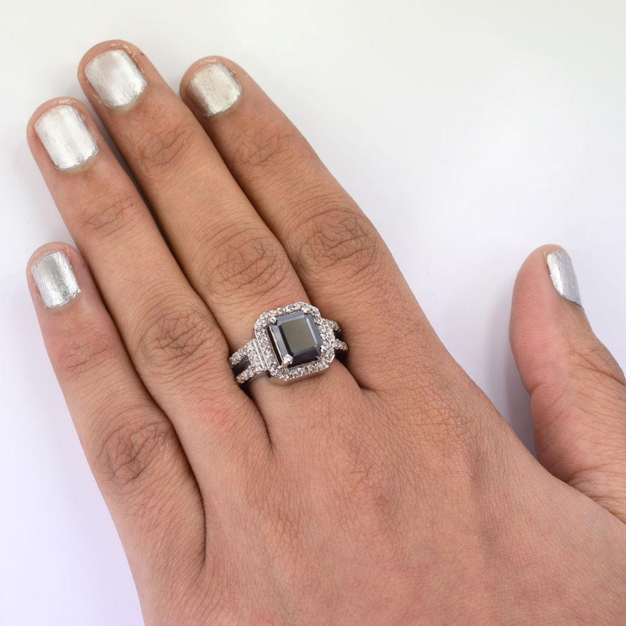 2.5 Ct, Radiant Shape Black Diamond Ring With Diamond Accents - ZeeDiamonds