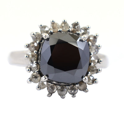 4 Ct, Cushion Cut Black Diamond Ring With Diamond Accents - ZeeDiamonds