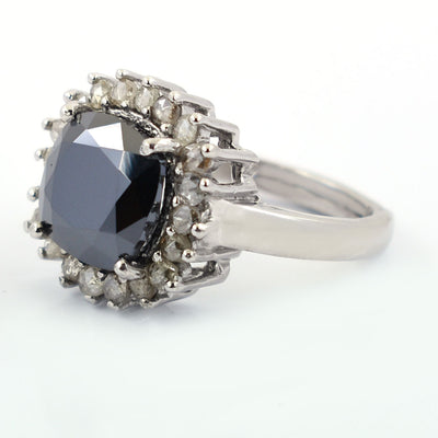 4 Ct, Cushion Cut Black Diamond Ring With Diamond Accents - ZeeDiamonds